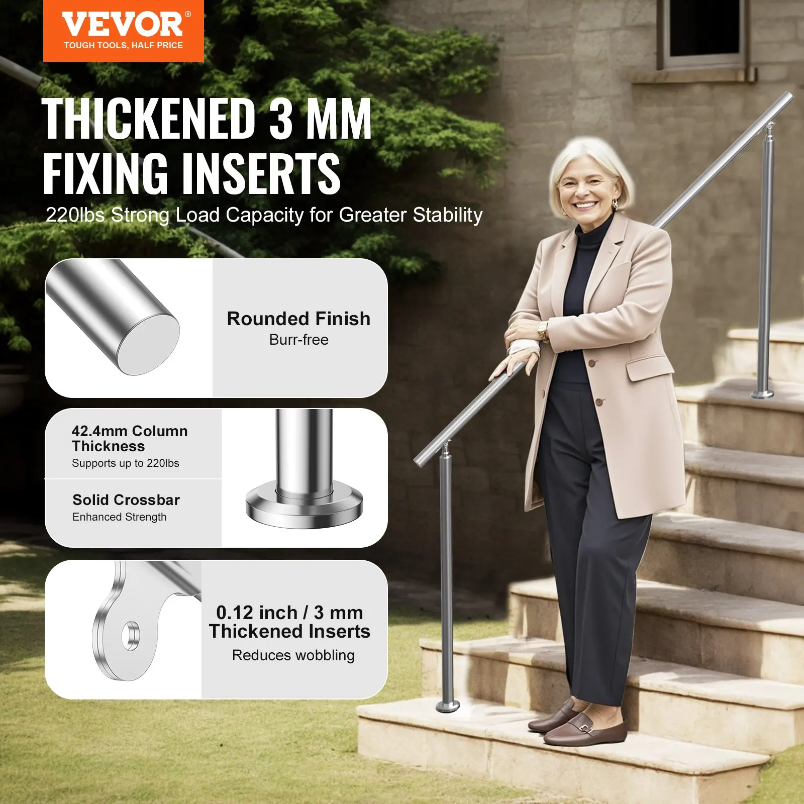 Handrails For Outdoor Steps, 70.9 In/ 180cm Length Stair Hand Rail Kit, Transitional Stainless Steel Railings With Installation