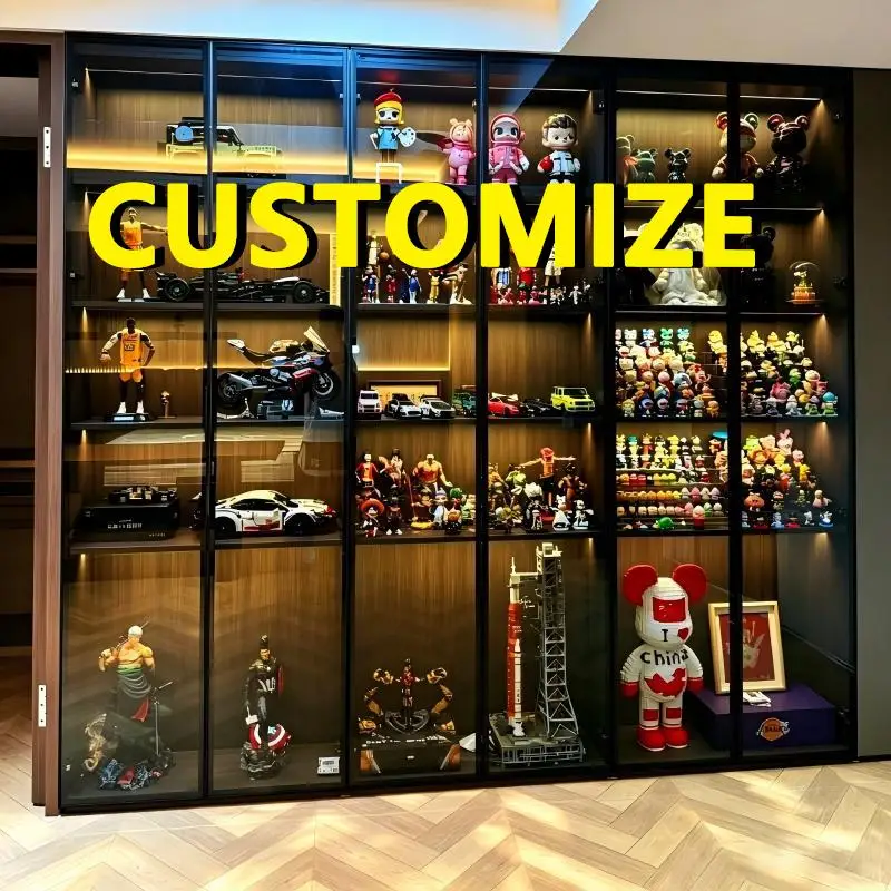 Any Size Custom Tempered Glass Door Display Cabinet LED Light Large Capacity Aluminum Frame Dust Modern Home Storage Cabinet
