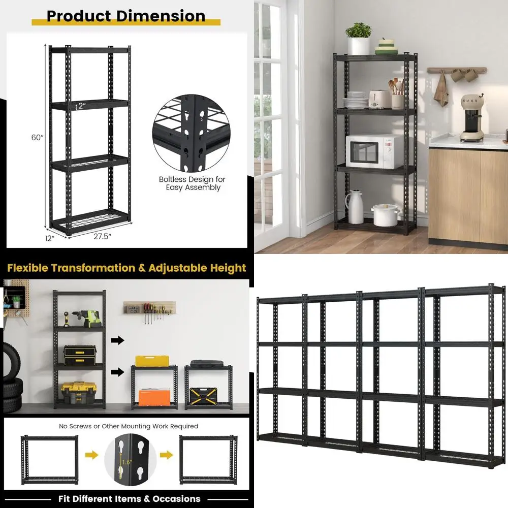 

4-ярусный металлический стеллаж для тяжелых условий эксплуатации, регулируемая многофункциональная полка для склада, кухни, кладовой, подвала, 27,5 длины х 12 ширины х 6 высоты