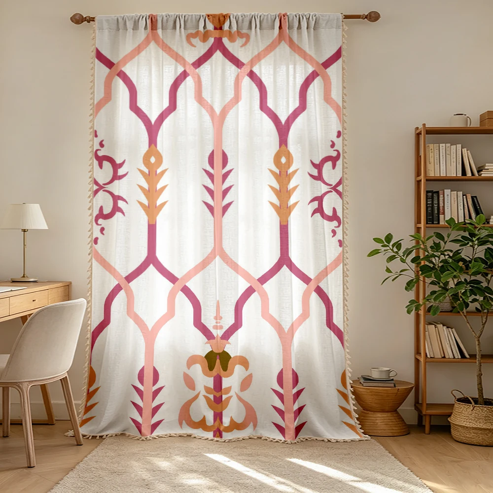 1PC Moroccan Tassel Sheer Curtains, Pink Orange Trellis Geometric, Digital Print, Polyester, Bedroom Living Room Home Decor