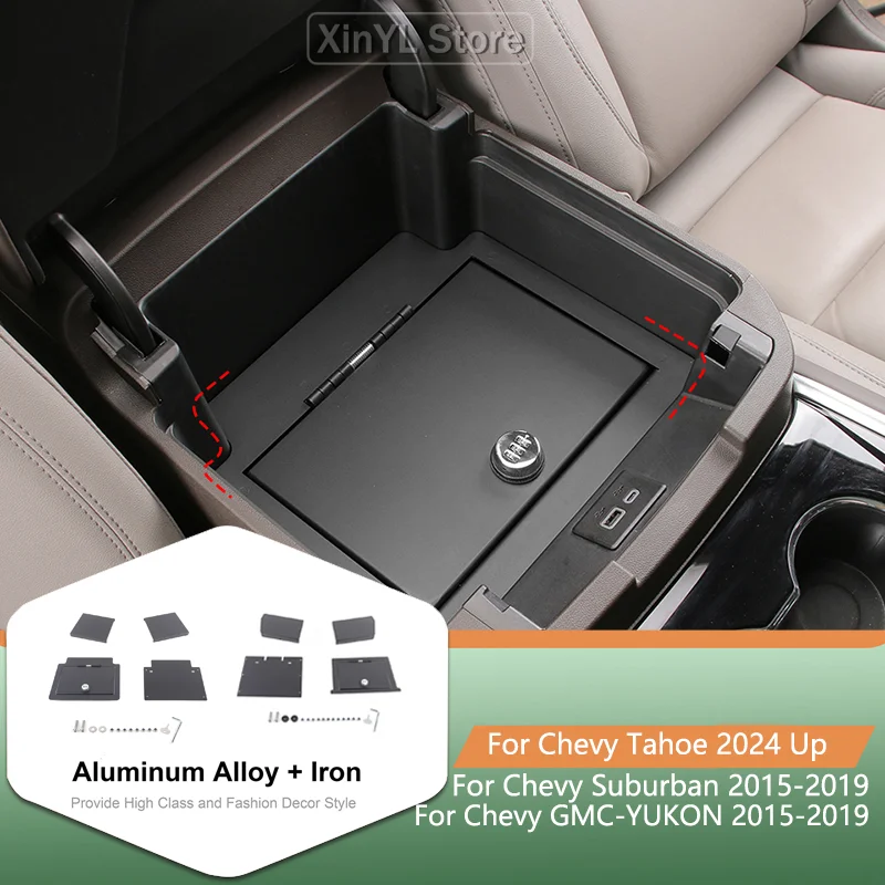Car Metal Armrest Password Lockable  Safety Storage Box For Chevy Suburban//Tahoe 2015 Up Car Storage Accessories