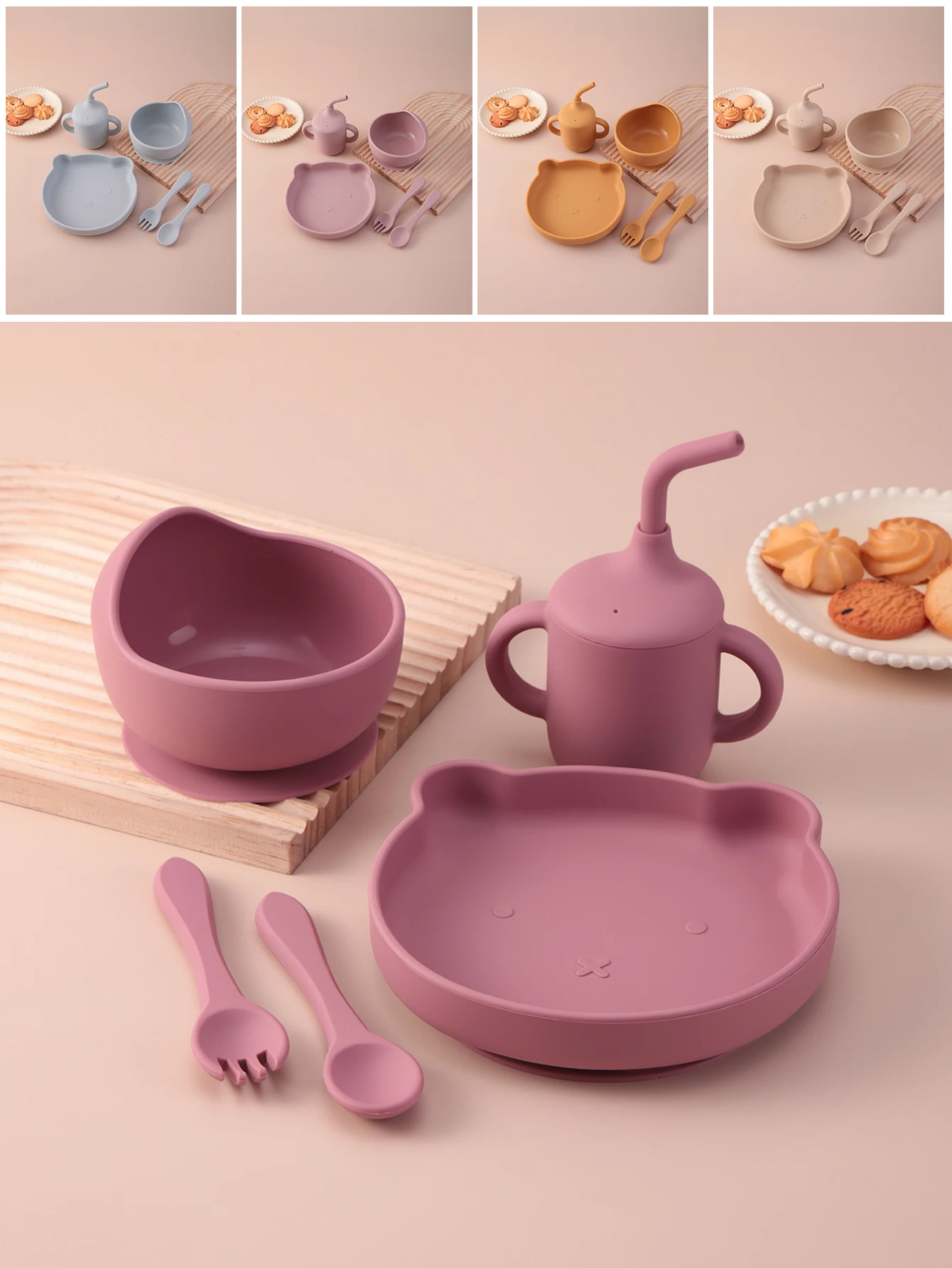

5PCS Customized Name Cartoon Silicone Baby Feeding Set Suction Dishes Plate Bowl BPA Free Sippy Cup Spoon Fork Baby Stuff