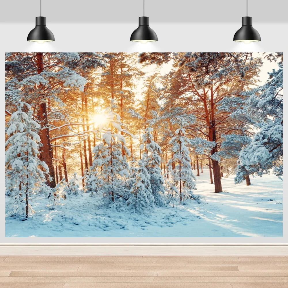Winter Snow Forest Photography Backdrop Christmas Blue Sky Snowflake Background for Kids Family Party Portrait Photo Booth Prop