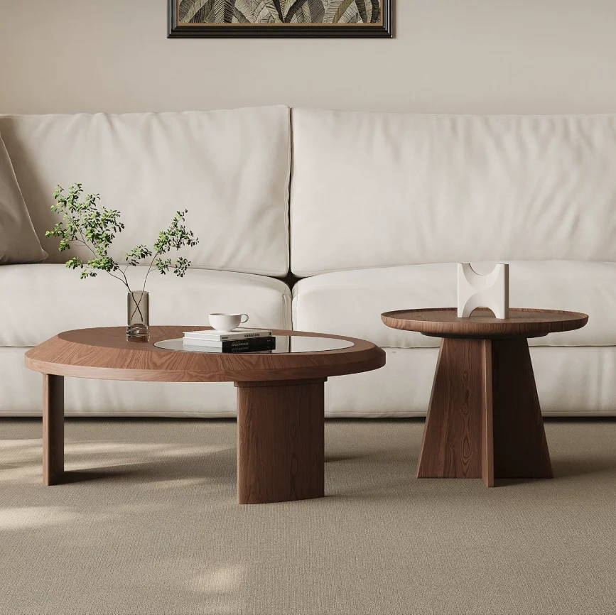 xx-Modern Minimalist Walnut Finish Round Glass Coffee Table Set, Creative Italian Style Center Table Home Living Room Sets&