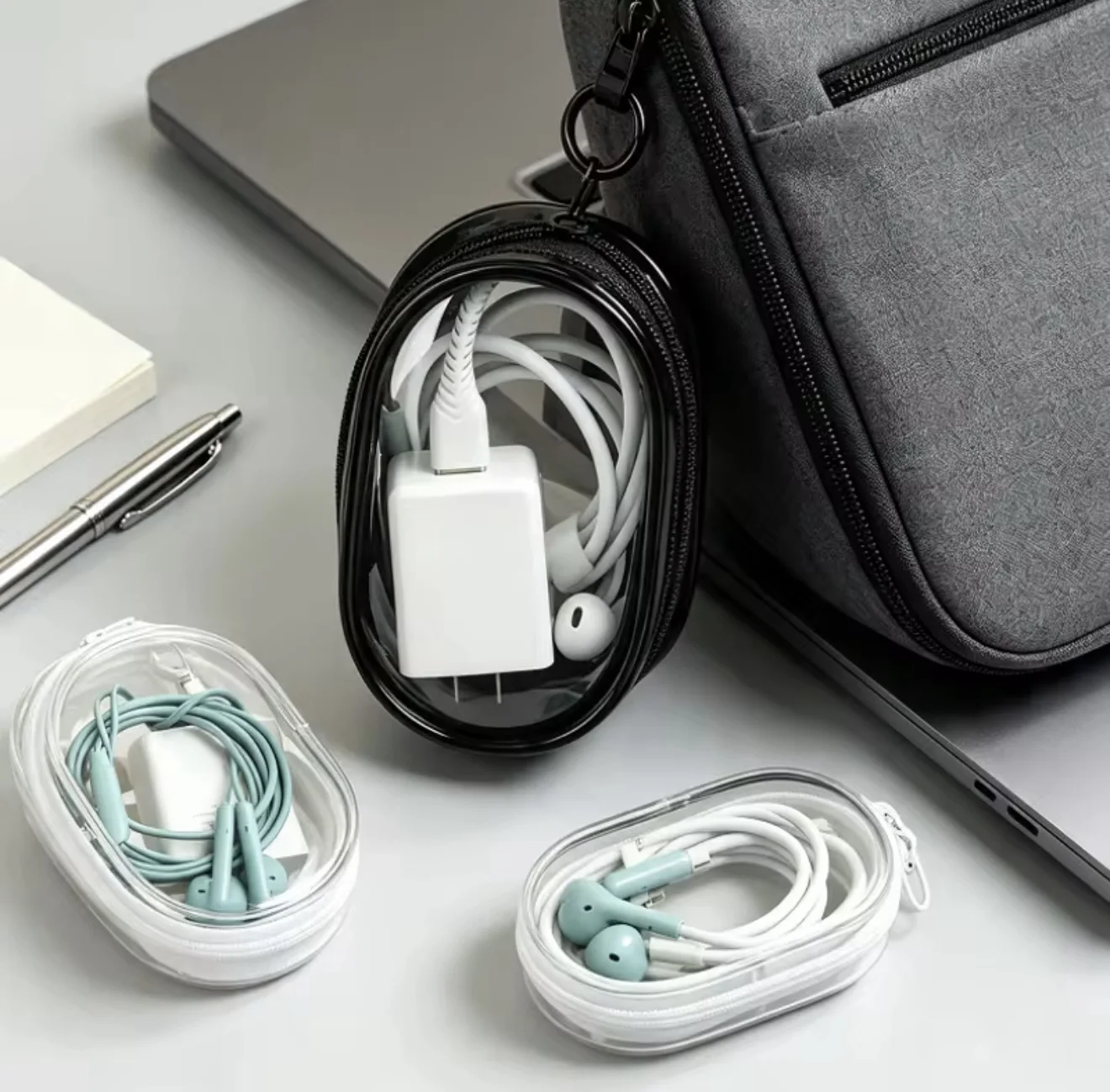 Portable Mini Transparent Storage Bag With Zipper Multifunctional Headphone And Charger Case Travel Accessories With Keychain