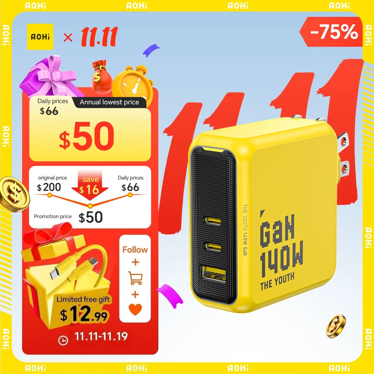 

AOHI Youth 140W GaN Charger PD3.1 3-Port Type C Quick Charge For Macbook Pro Laptop USB Fast Charger For iPhone 16 Xiaomi Tablet