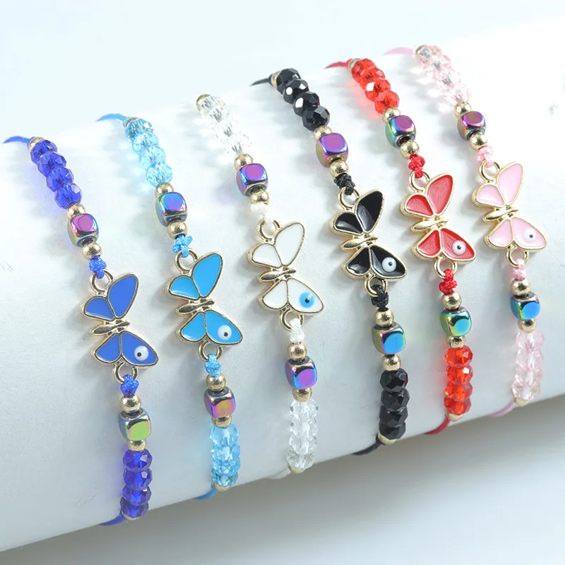 Niedlichen Tier Schmetterling mehrfarbigen Kristall kleine runde Perlen Armbänder für Frauen Boho Regenbogen Seil Armband Armband Schmuck Geschenk