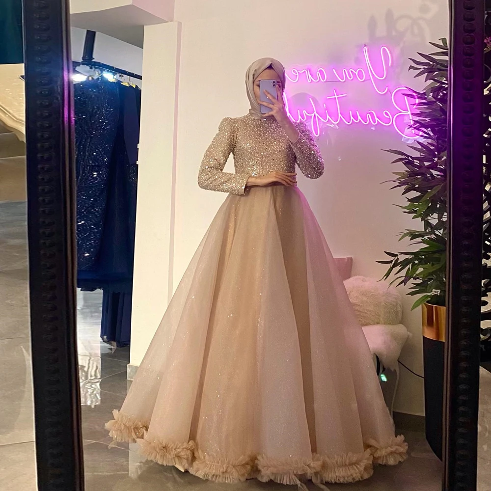 Tulle Evening Dresses High Neck Long Sleeves A-Line Prom Dress Wedding Party Gowns Pearls Sequined Floor Length فساتين السهرة