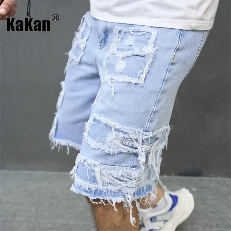 Kakan - New European and American Distressed Tassel Jeans for Men, Blue Casual Shorts and Capris K9-519