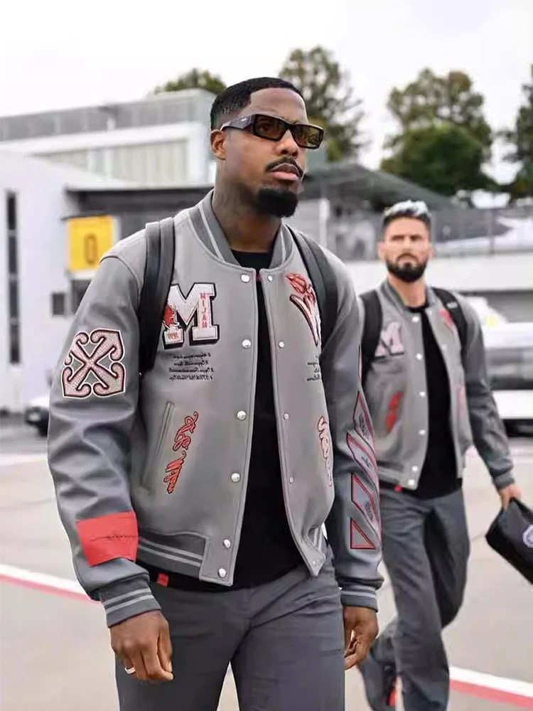 

American Sle Thiened Embroidered Baseball Jaet Men's Patchwork Leather Sve Pilot Jaet Trendy Brand Sle Top