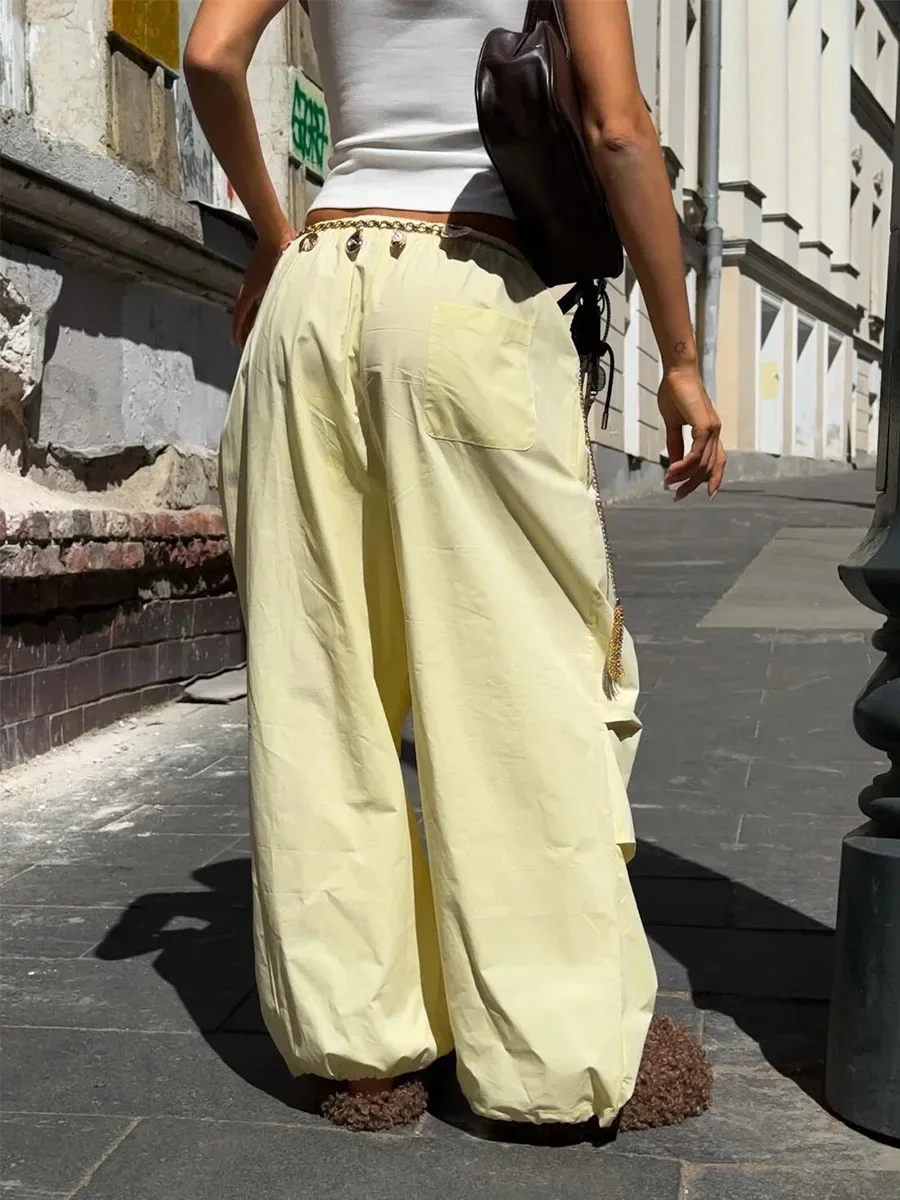 Wolfeel Calça cargo feminina cintura baixa 100% algodão com cordão franzido calças largas bainha elástica outono calças casuais