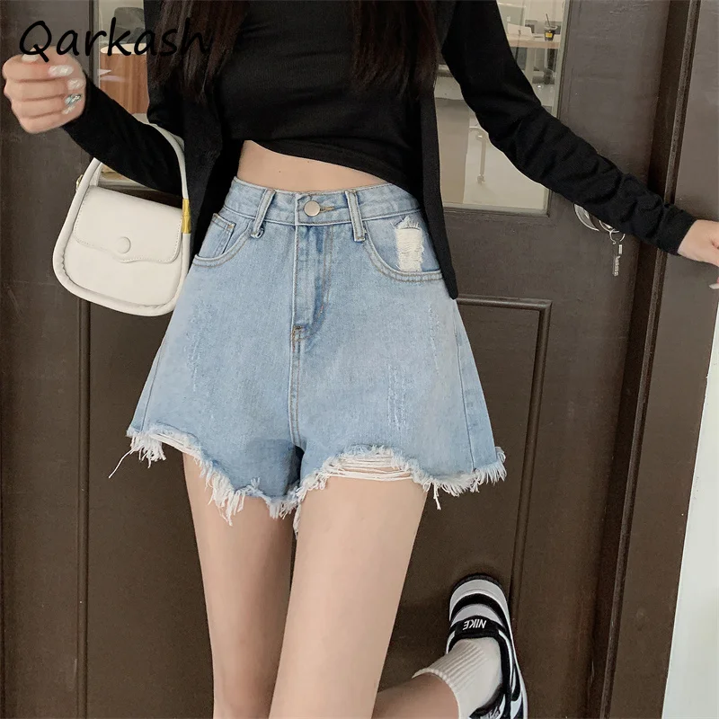 

Denim Shorts Women Frayed Hole Tassel Popular Korean Trendy A-line Slim High Waist Straight Personality Street Hipster Summer