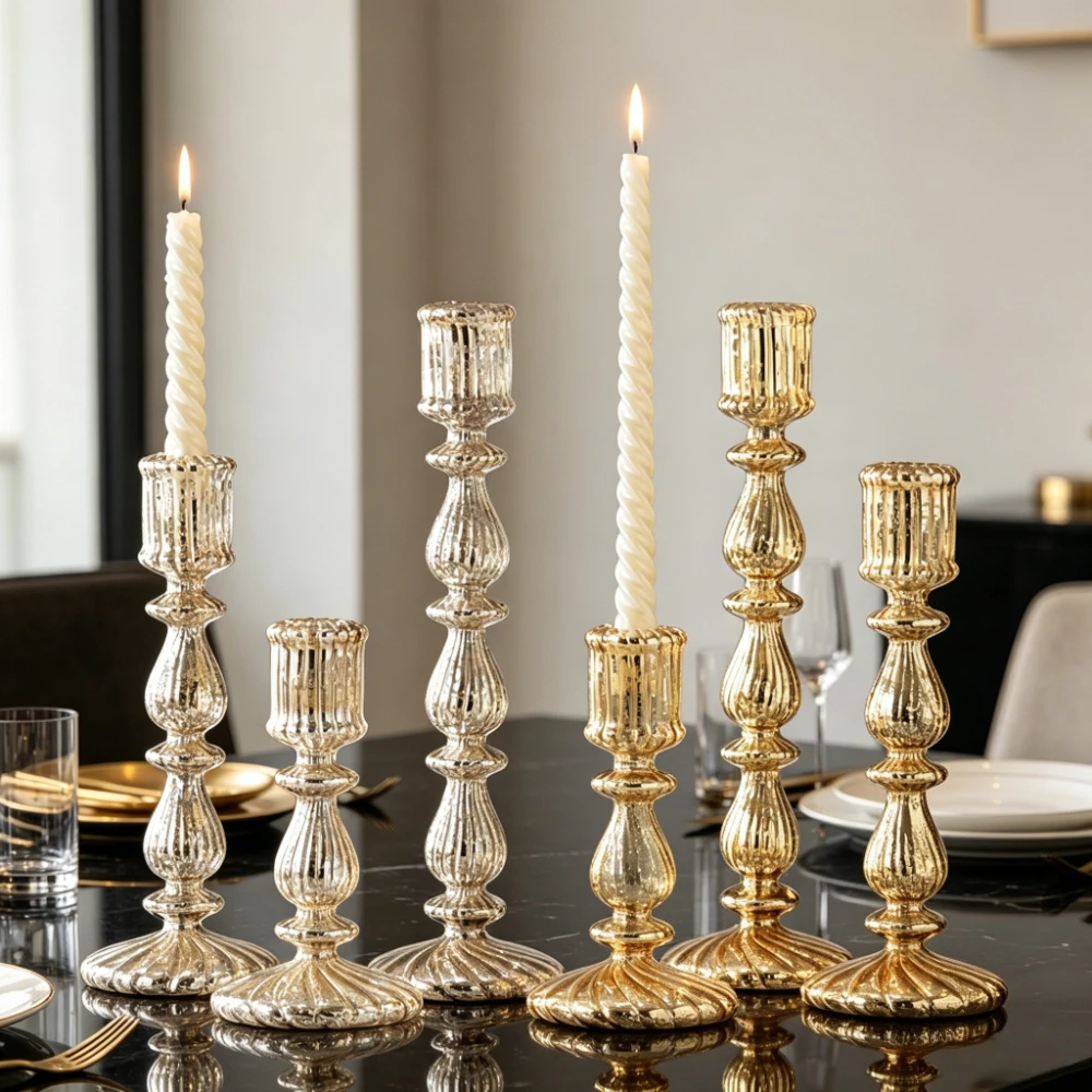 Vintage Crackle Glass Candlestick Holder Silver Plated Candle Holder Elegant Tabletop Decor Wedding Christmas Home Accessories