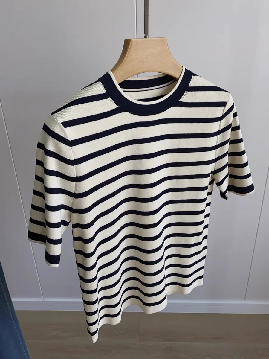 100% Cotton Knitted Shirt Short Sleeved T-shirt Women's Round Neck Navy Blue Striped Tip Casual Summer 2024 New Style B-052