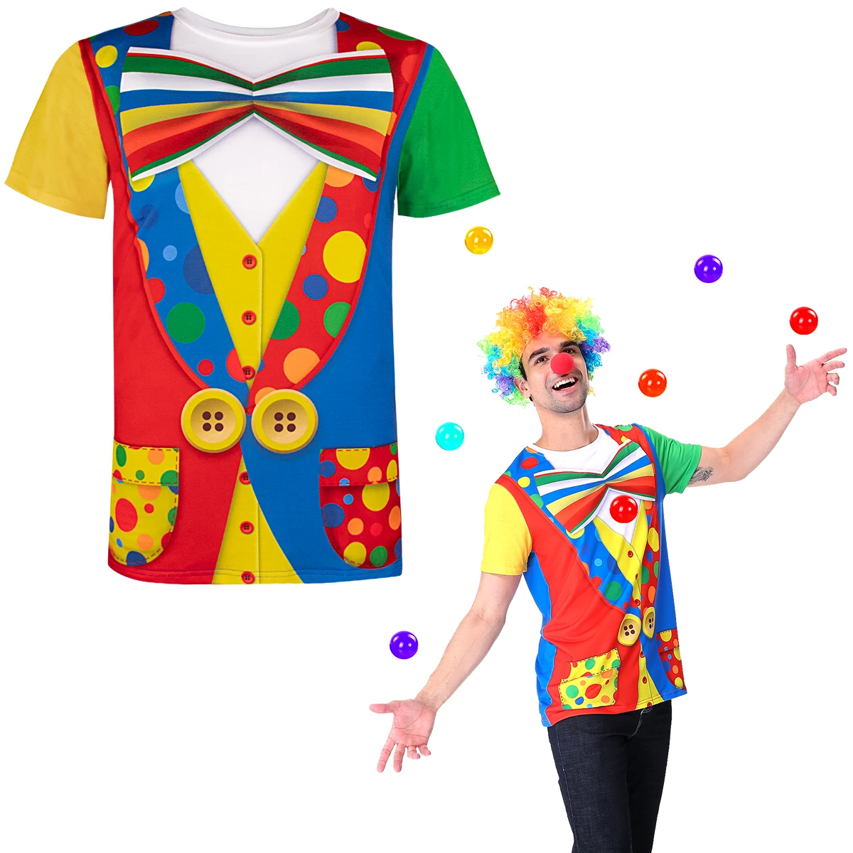 Disfraz de payaso para hombre adulto, camiseta masculina de circo de Carnaval, disfraz de fiesta de Halloween, disfraz divertido y humorístico para actuación en escenario