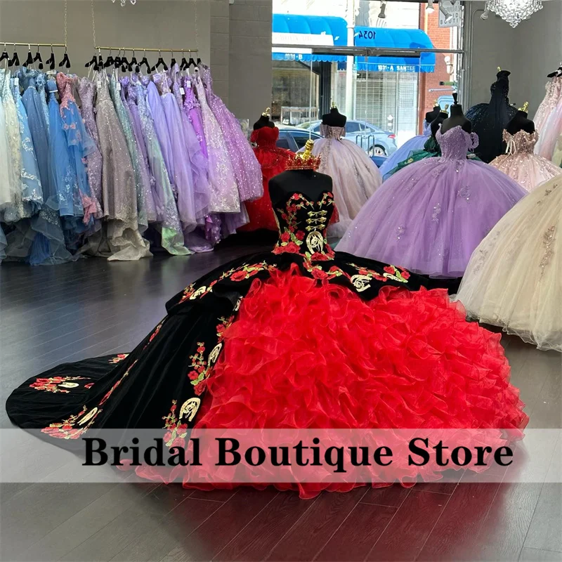 Mexican Red Ball Gown Quinceanera Dresses Sweet 16 Dress Flowers Horse Embroidery Appliques Crystal Wedding Gown Customized