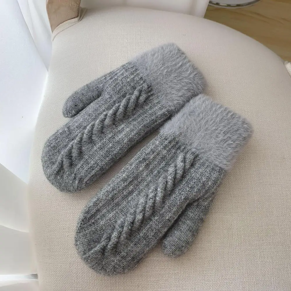 Winter Women Keep Warm Plus Velvet Inside Thicken Knitting Mittens Full Finger Cycling Woolen Gloves Japanese Style Cute Lovely