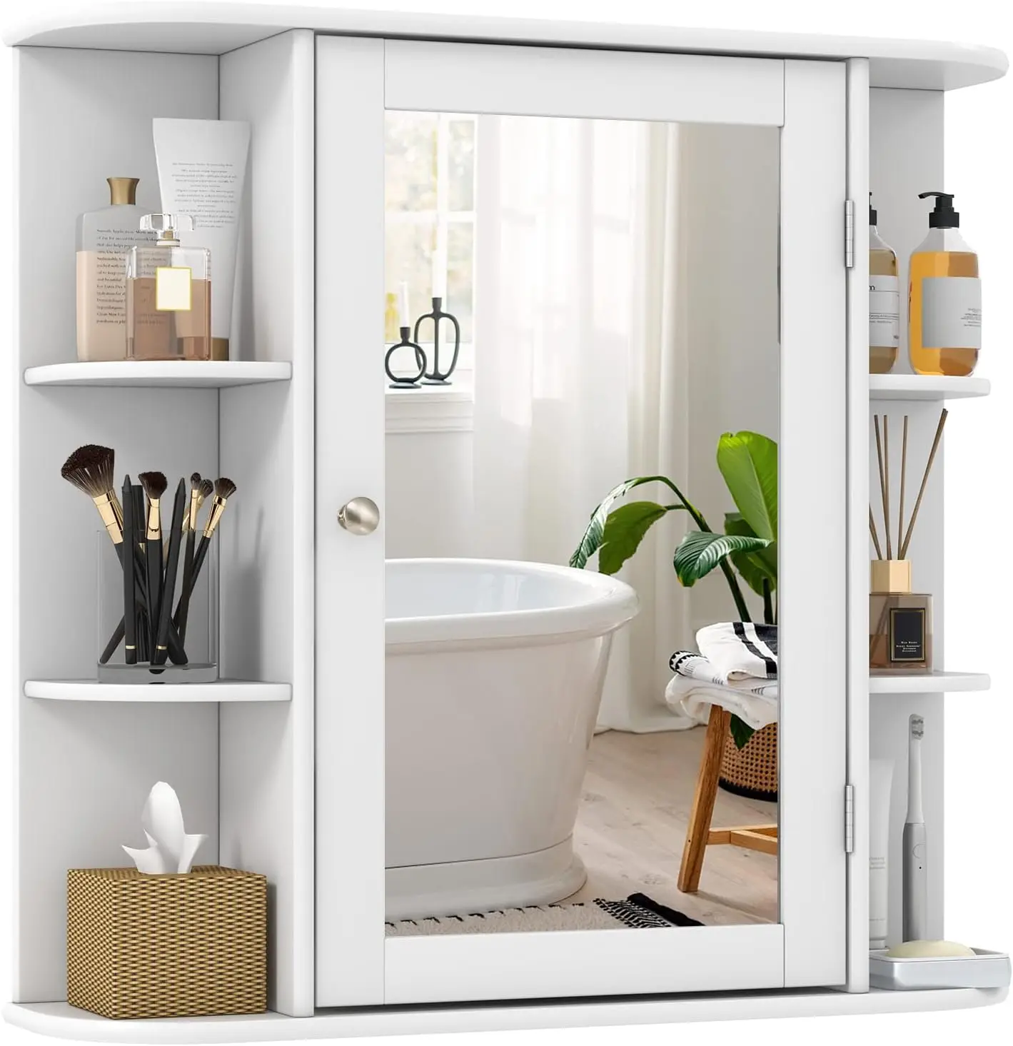 

Bathroom Medicine Cabinet with Mirror, Wall Mounted Home Storage with Door & 6 Open Shelves, Adjustable Shelves, (White)