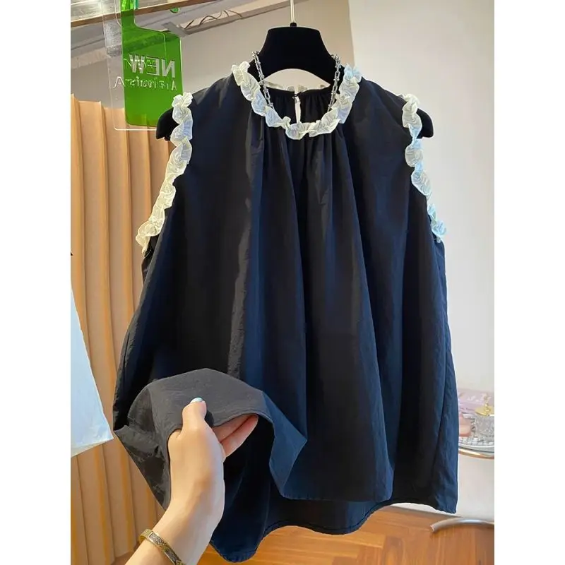 Chemises coréennes sans manches à volants pour femmes, Patchwork coréen, col rond, chemisier sans manches, ample et plissé, haut en Jacquard, nouvelle collection été 2025