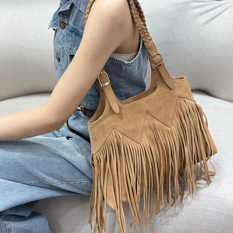 

Fashion Tassel Shoulder Bag Bohemian Style Handbag Woven Shoulder Strap Tote Bag Vintage Frosted Large Capacity Messenger Bag