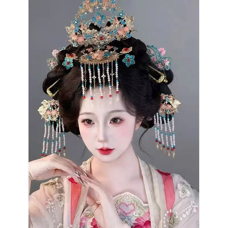 

Ретро-повязка для волос в традиционном китайском стиле Ханьфу, искусно выполненная, с подвесками-кисточками, розово-голубая, для свадебных и праздничных мероприятий