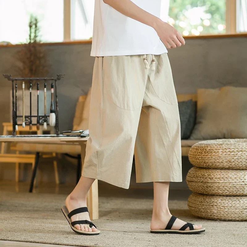 Chinese Style Summer Men Linen Pants 2023 Men Wide Leg Trousers Male Drop Crotch HipHop Man Joggers Calf-Length Pants Track Pant