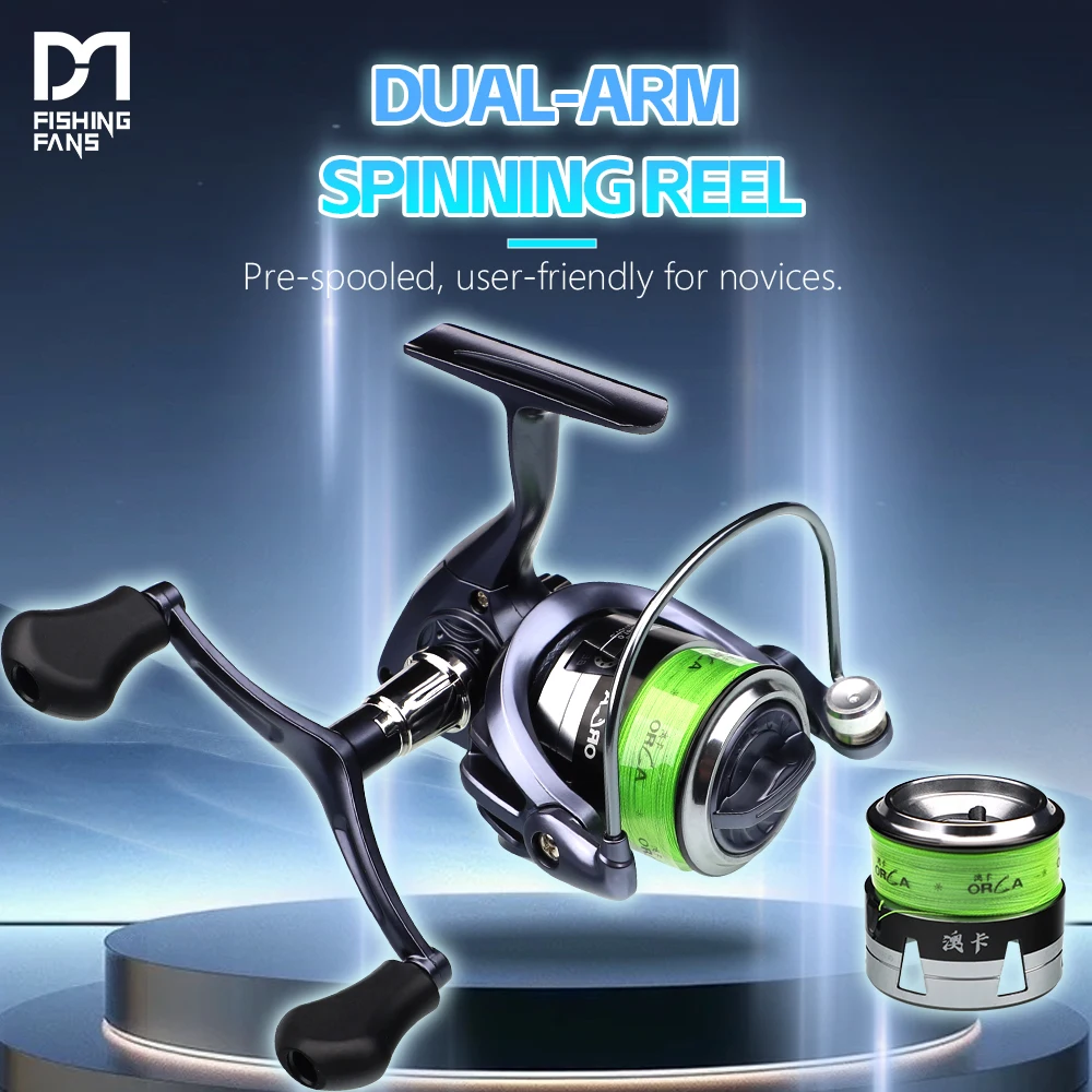 FISHINGFANS ORCA Spinnrolle mit Doppelgriff, Metallspule und PE-Schnur, Angelrolle für Bass, Hecht, Forelle, Karpfen
