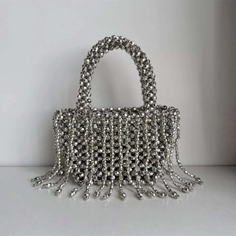 Handmade Silver Beaded Bags For Women Handbags Tassel Fashion Trend Beach Vacation Beading Phone Clutch Party Bags