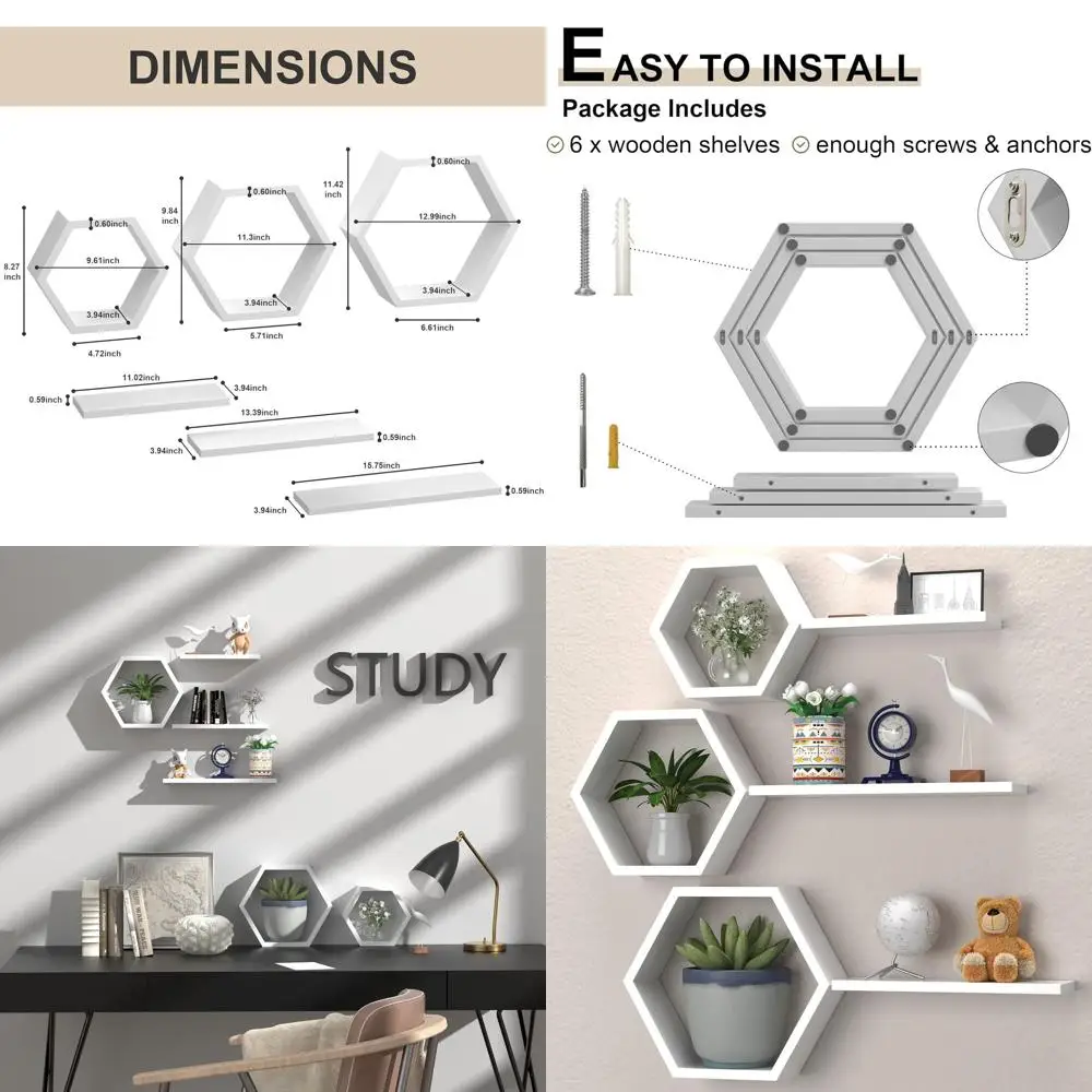 

Hexagonal Floating Shelves Set of 6, White Honeycomb Design for Wall Decor in Various Rooms