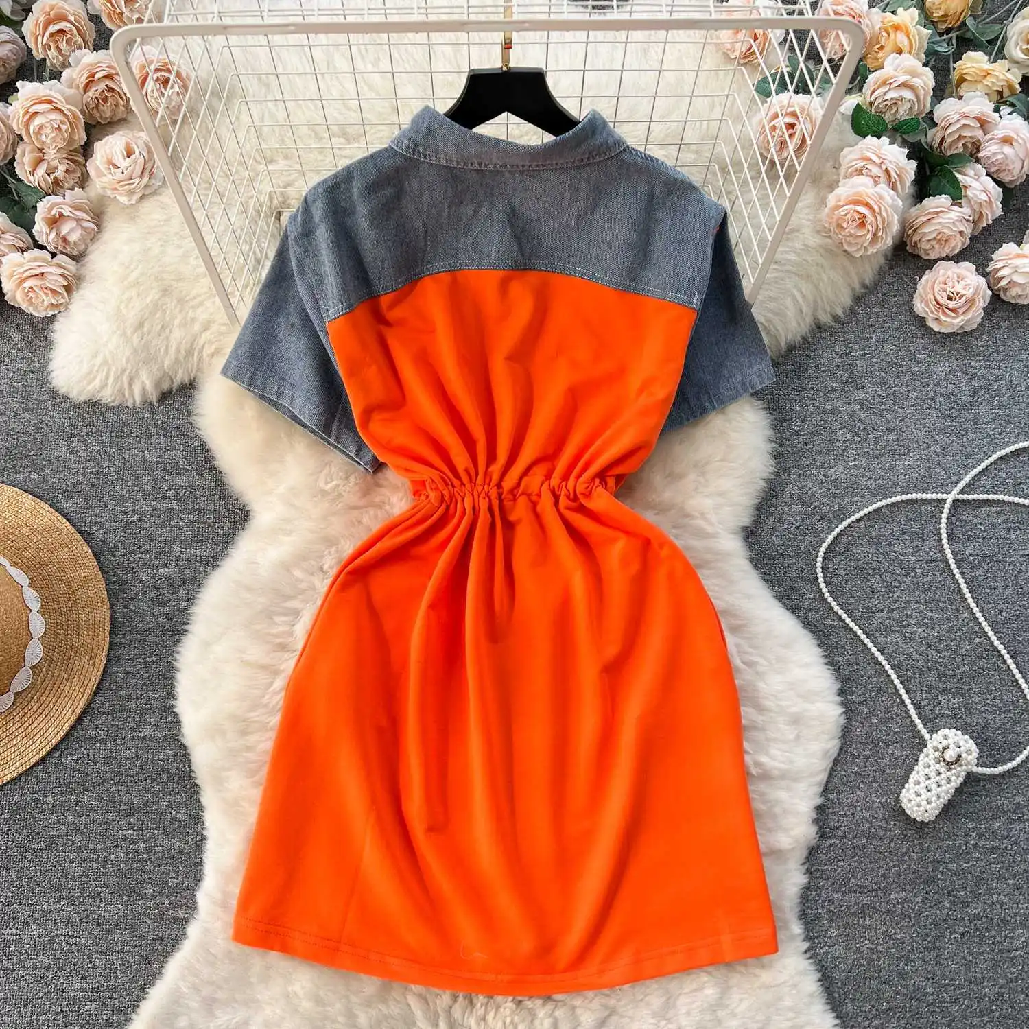 Eleganckie damskie dwuczęściowe koszulki jeansowe z naszywkami, patchworkowe jeansowe T-shirty z krótkim rękawem, sukienki mini w kształcie litery A ze sznurkiem w pasie, Vestidos