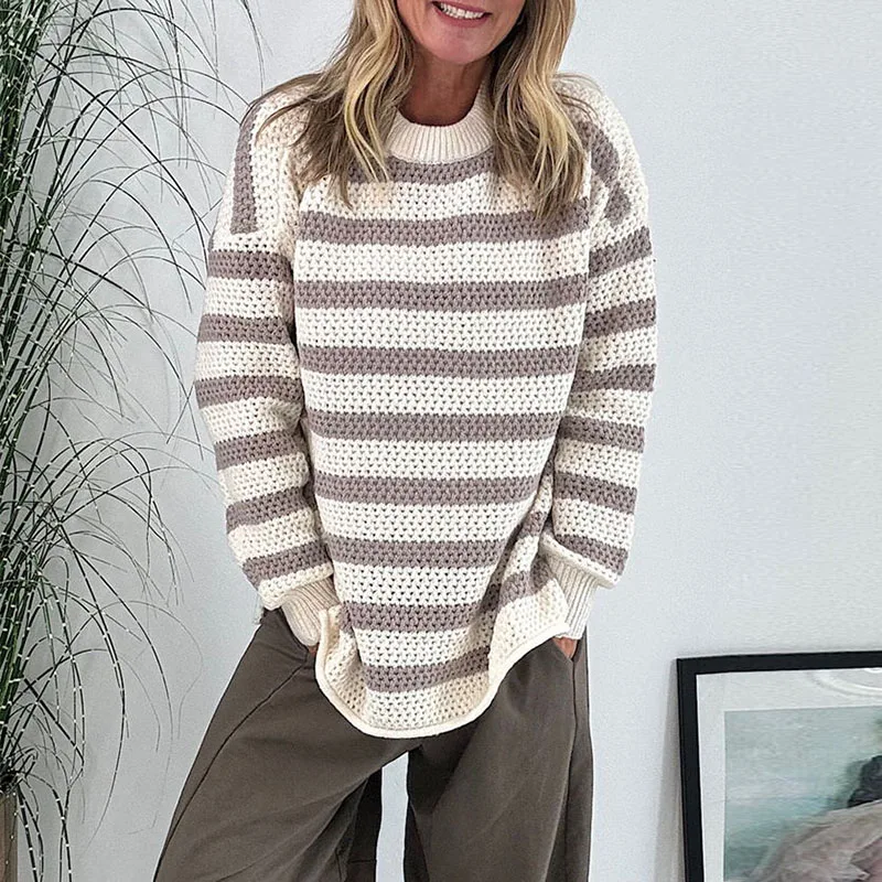 เสื้อไหมพรมคอโอพิมพ์ลายทางลำลอง แขนยาวทรงหลวม สไตล์สตรีทแฟชั่น สำหรับฤดูใบไม้ร่วงและฤดูหนาว ดีไซน์เว้าลายฉลุ