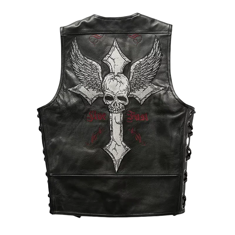 Black Four Seasons Leather Vest Men Sports Style Plus Size 4XL Genuine Natural Cowhide Single Breasted Skulls Embroidery Vest