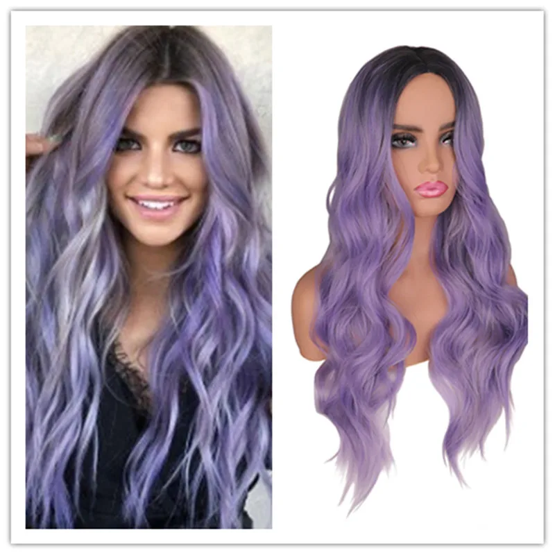 

SuQ Women Long Wavy Wig Hair Synthetic Natural Wavy Cosplay Party Ombre Black with Purple Heat Resistant Daily Fashion Wigs