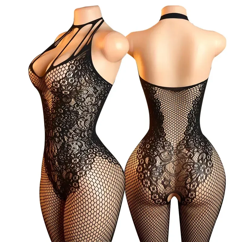 Sexy Lingerie Bodysuit Underwear Women Fishnet Open Crotch Catsuit Mesh Tights Erotic Babydolls Teddies Halter