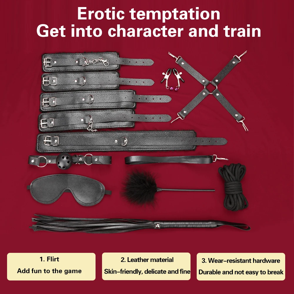 BDSM عبودية ضبط النفس عدة 10 قطع أصفاد جلدية الكاحل الأصفاد طوق سوط الكرة الكمامة الغمامة الحلمة المشابك حبل للأزواج #4