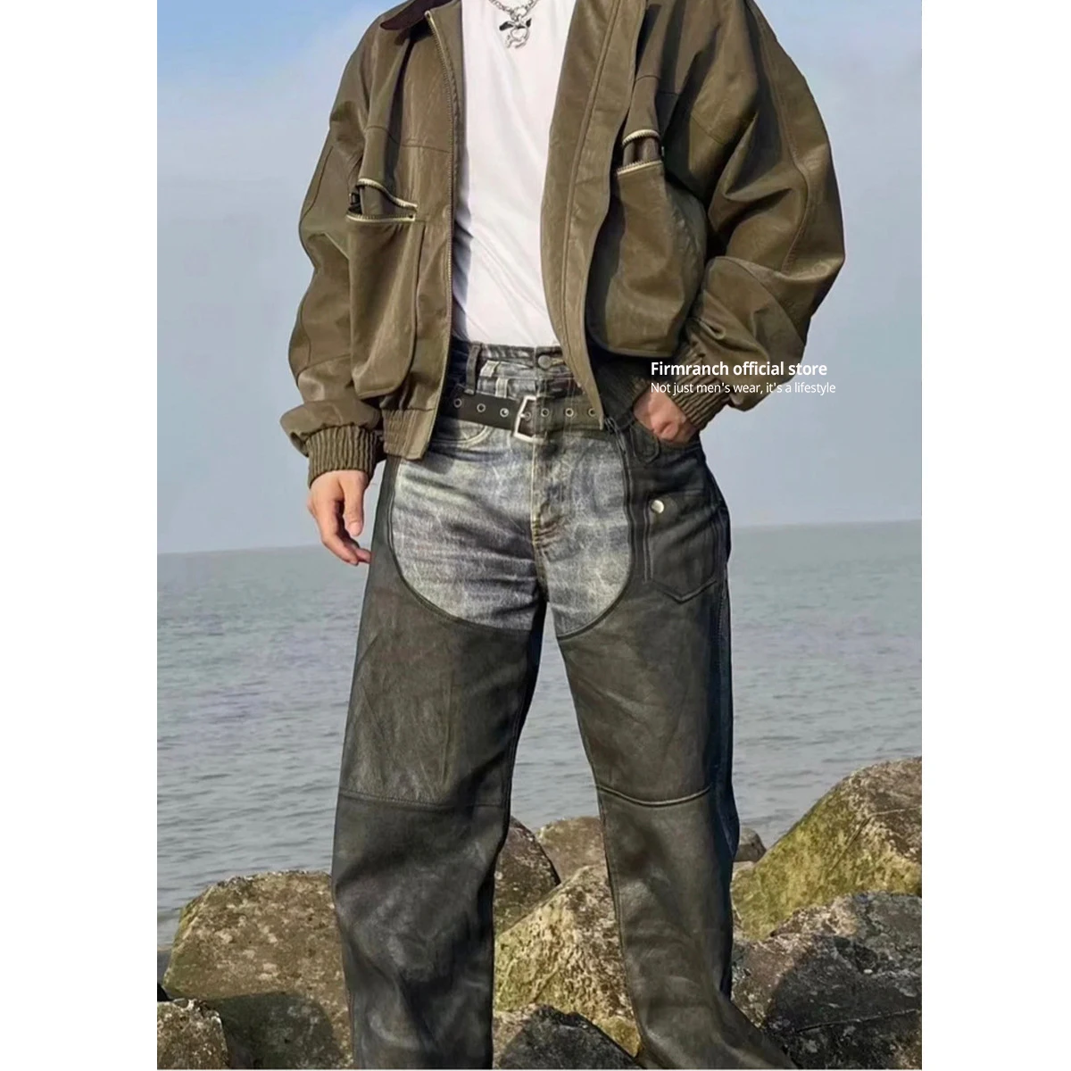 

Firmranch Spring Autumn 2024 Vintage Leather Effect Print Jeans For Men Splicing Design Straight Denim Pants High Street Outfits