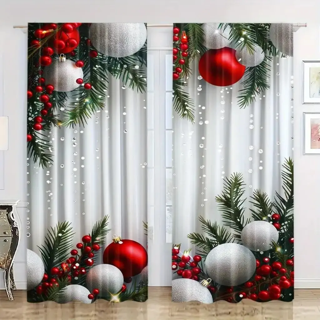 2pcs Set Christmas Tree & Ball Printed Curtains - Rod Pocket Design, Polyester, Perfect for Living Room, Kitchen, Bedroom, and D