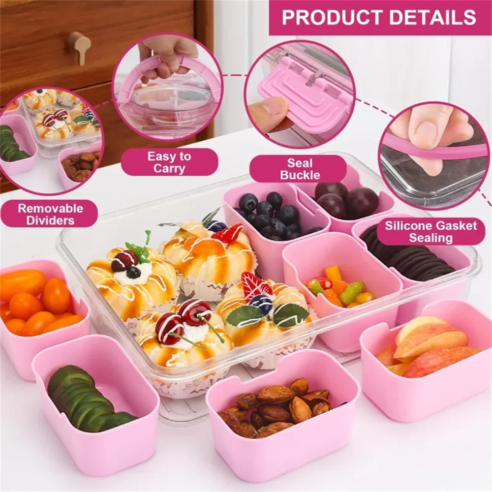 

Divided Serving Tray with Lid and Handle Portable Snack Platters Organizer with 8 Compartments Reusable Plastic Appetizer Tray