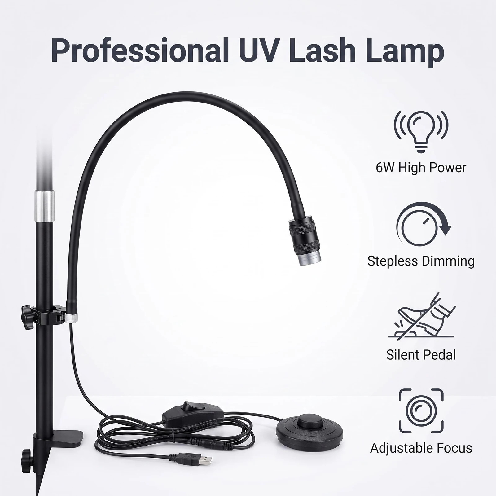 UV Lash Lamp UV Nail Lamp Clip On Beauty Lamp Gooseneck 6W Adjustable Curing Light w Foot Pedal & Clamp for Lash Tech Nail Tech