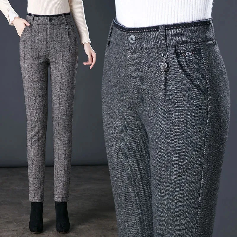 秋の女性のズボンの新ファッションチェック柄ハイウエストウールパンツ女性の冬のベルベットカジュアルパンツ中年母パンツ