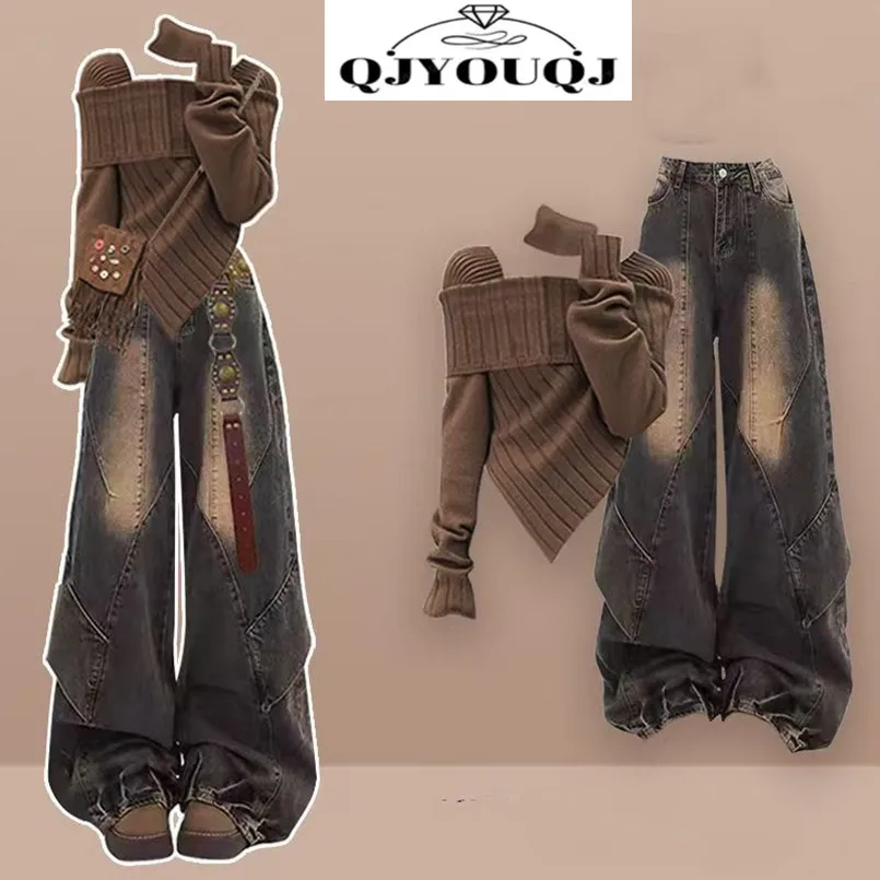 

Fashion Women's Set Spring and Autumn Korean Knitted Shirt Top Retro Jeans Elegant Women's Two Piece Set