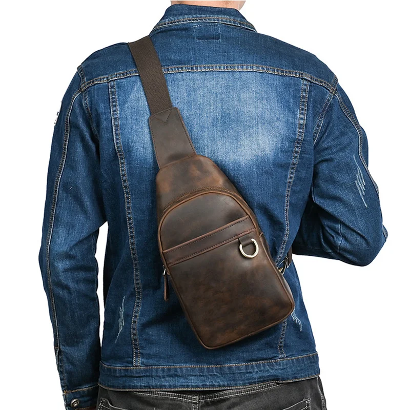 Mochila vintage de couro genuíno para homens, saco de peito com ombro cruzado, couro de vaca louco, sacos masculinos crossbody messenger