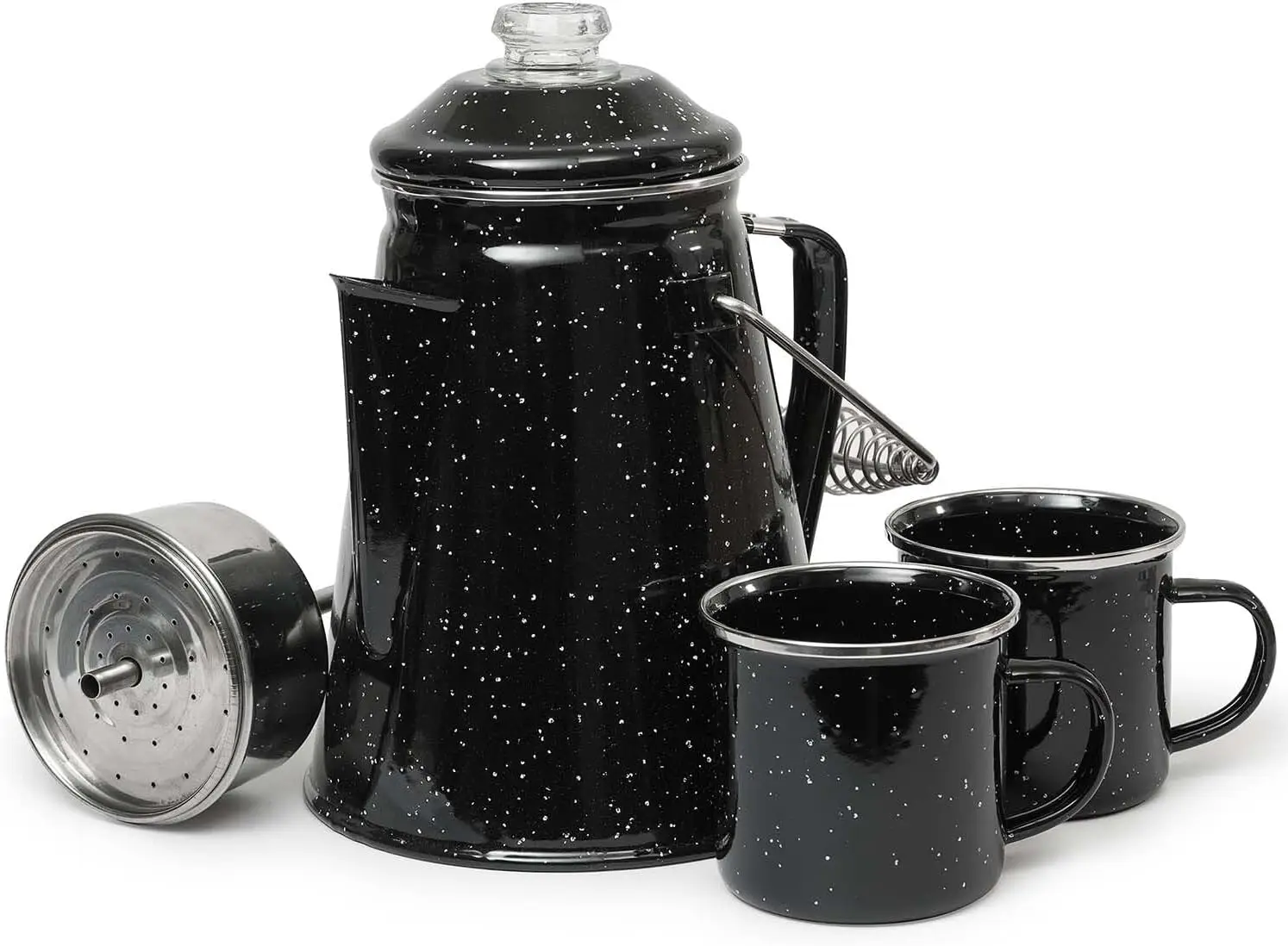 Classic Enamel Coffee Pot with 2 Cups- Campground Brewer's Essentials- Camping Coffee Pot- Black