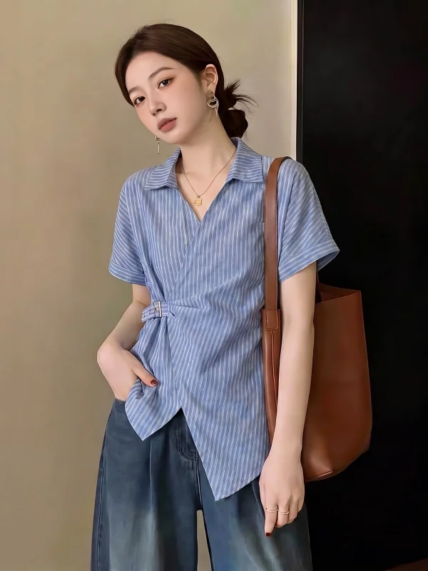 

Blue Striped V-Neck Short Sleeve Shirt Women's plus Size Slim Fit Asymmetrical Top Korean Style Commute Fashion Loose Fit