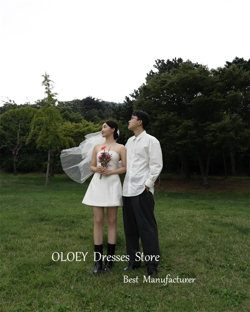 OLOEY Simple Mini Short Wedding Dresses Korea Photoshoot Country Bride Gowns With Tulle Veil Formal Party Dress Corset Back