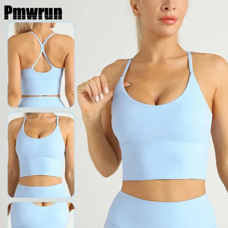 

Pmwrun однотонный женский спортивный бюстгальтер для тренажерного зала, йоги, обнаженного ощущения, сексуальный спортивный бюстгальтер с перекрестной спинкой YShape, фитнес, йога, бег, тренировки, спортивный женский жилет