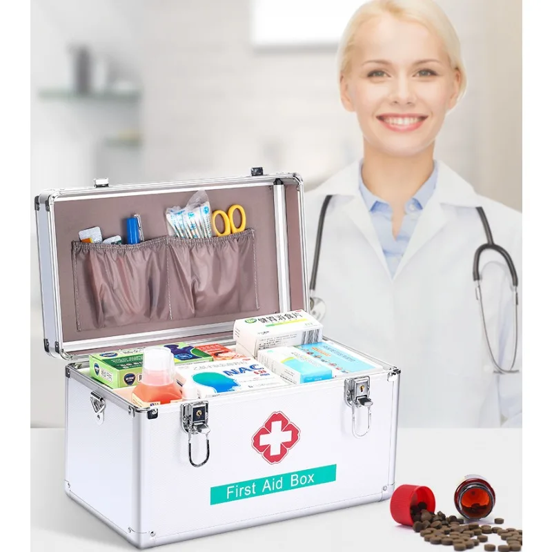 

12-дюймовый портативный медицинский ящик для хранения лекарств, многослойный, утолщенный, из алюминиевого сплава, для домашней аптечки первой помощи