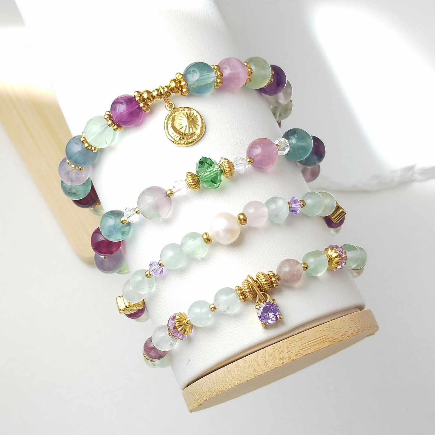 Lii Ji Natural Stone Fluorite 6/8mm With Crystal Stainless Steel Elastic Bracelet