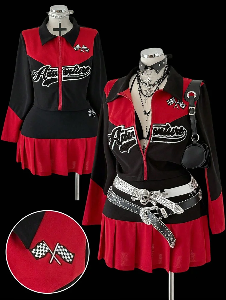 Übergrößen Retro Racing 2-teiliges Outfit, Y2K Colorblock Reißverschlussjacke & Faltenrock-Set, Streetwear Casual Trainingsanzug – Detail 2