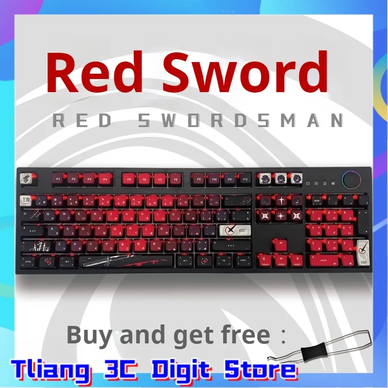 

Red Swordsman Themed Japanese Text Pbt Keycaps For Mechanical Keyboards Sublimation Four-Sided Transparent Keyboard Accessories